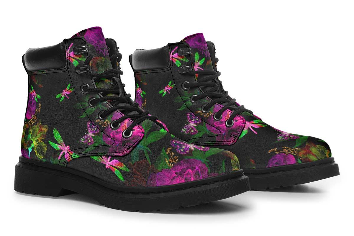 Flowers And Dragonfly Black