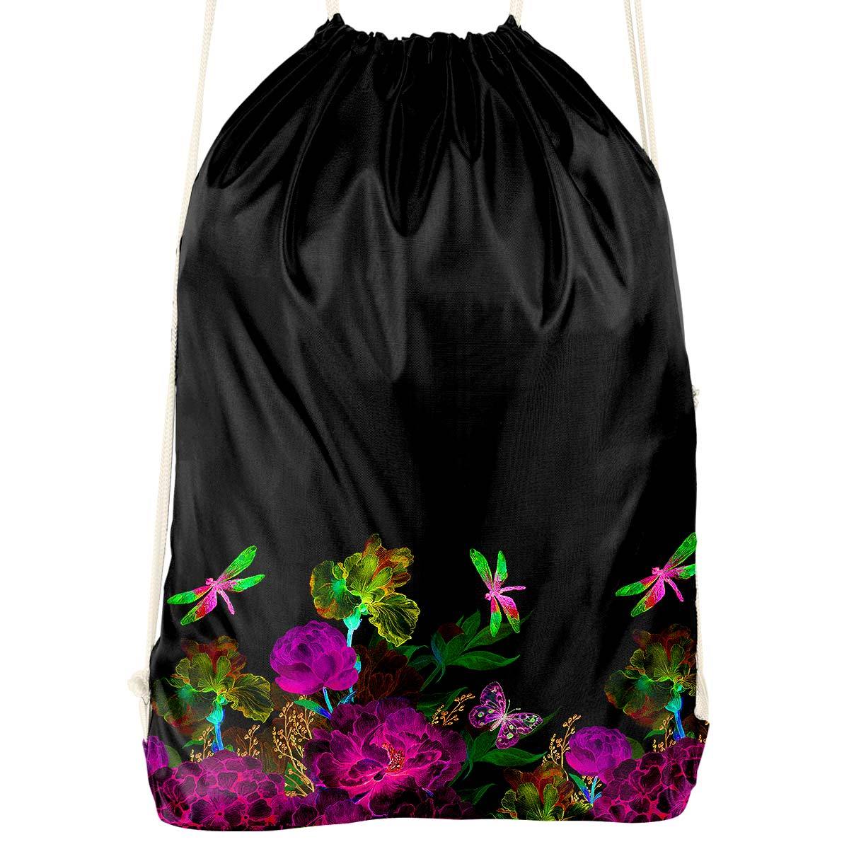 Flowers And Dragonfly Black