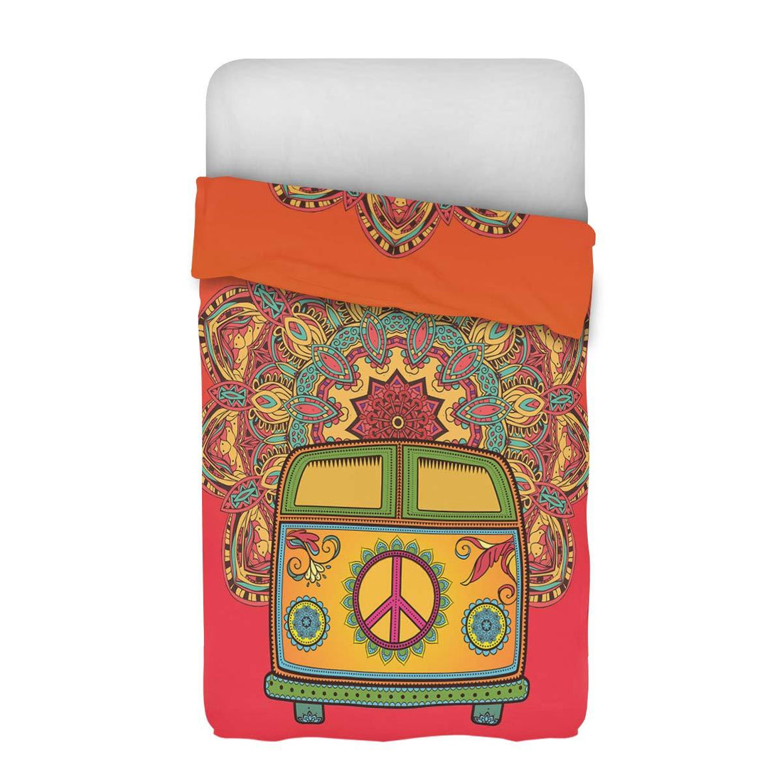 Hippie Van Peace Sign Mandala Pattern Print Duvet Cover Bedding Set