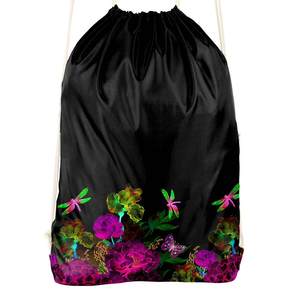 Flowers And Dragonfly Black